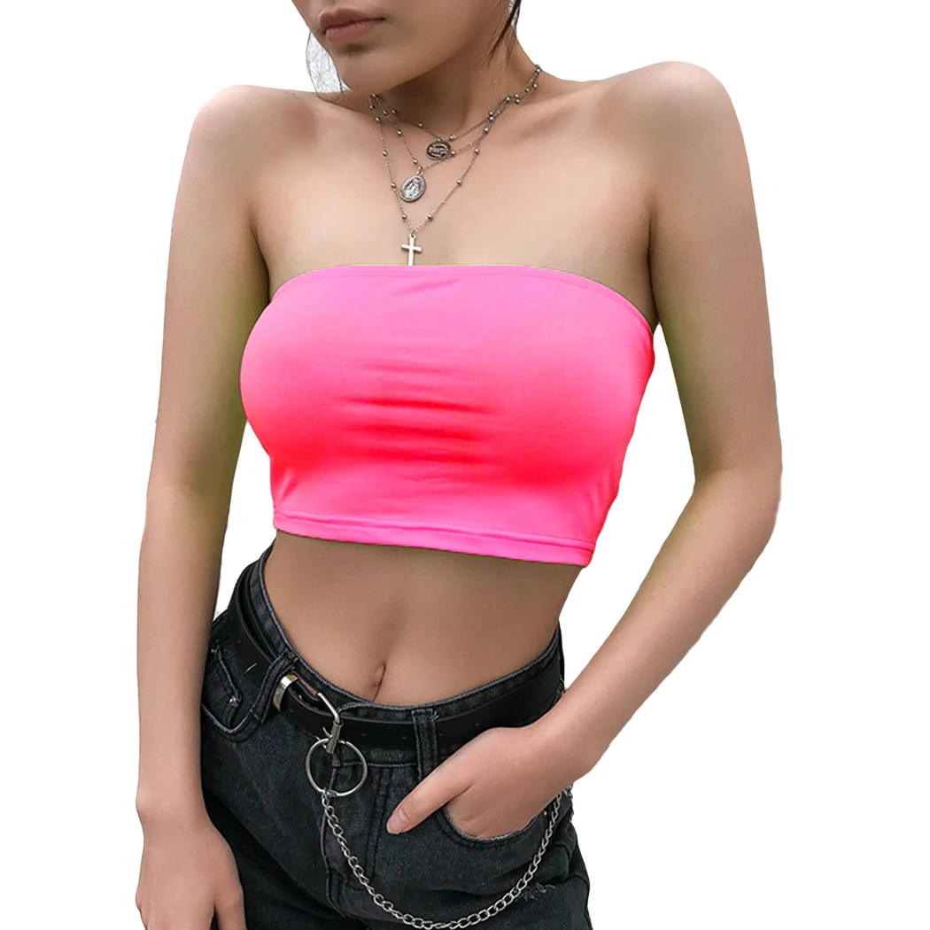 Hot Pink Женская неоновая зеленая укороченная майка, бюстгальтеры, сексуальные, без бретелек, топы, бюстгальтер, уличная одежда, бюстье, топ-бандо - Цвет: Hot Pink