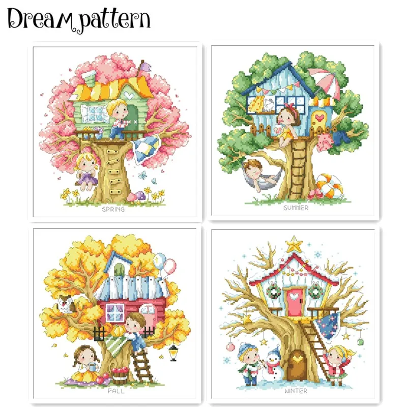 

Treehouse of 4 season cross stitch package spring summer 18ct 14ct 11ct cloth cotton thread embroidery DIY handmade needlework