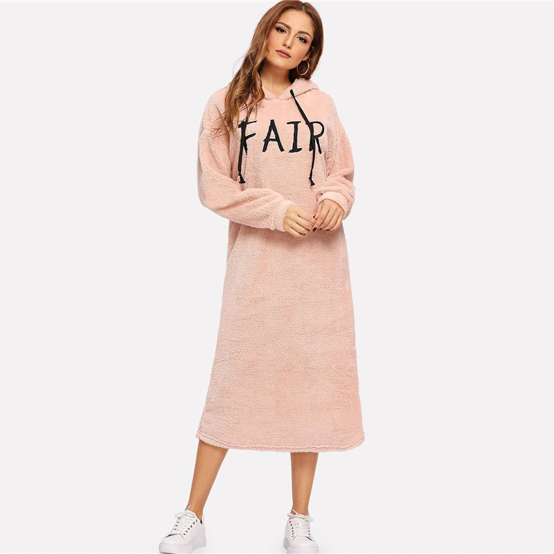Dotfashion/розовая толстовка с капюшоном и вышитыми буквами, женская одежда, Осеннее модное прямое платье с длинным рукавом
