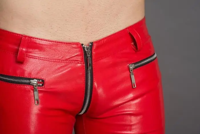 Мужские облегающие брюки модные красные и черные кожаные на молнии большого