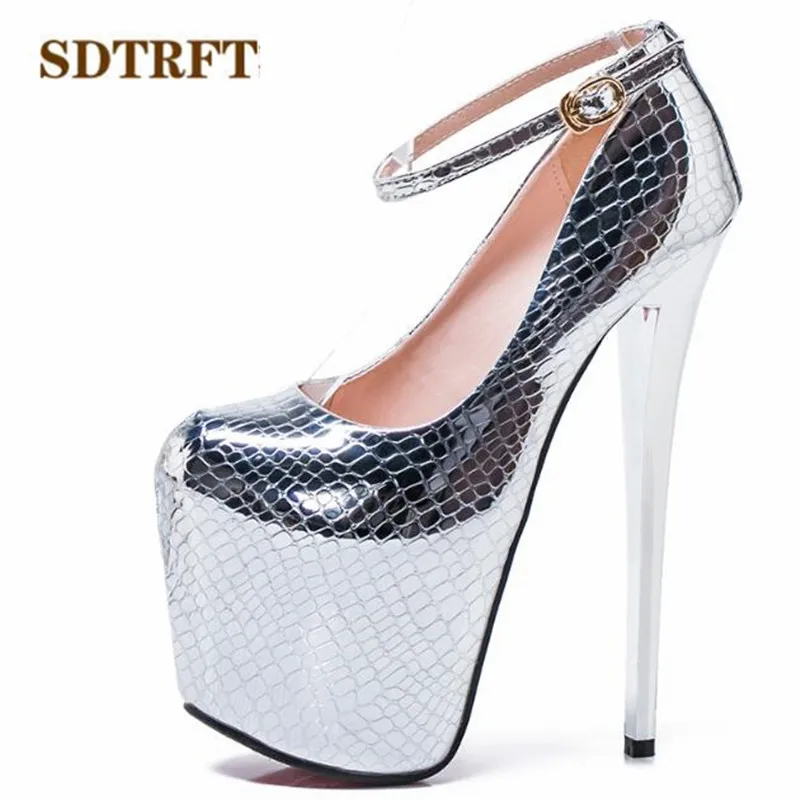 

SDTRFT Ankle strap Gold Sliver 20cm thin high heels Female Shoes woman Round Toe Patent Leather Platform Pumps Plus:34-45 46 47
