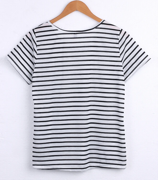 2016 модная женская одежда футболки топы свободные полосатые хлопковые короткие с