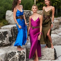 new satin soft sexy v neck backless strap maxi dresses for women ladies summer split up party club casual long dress plus size