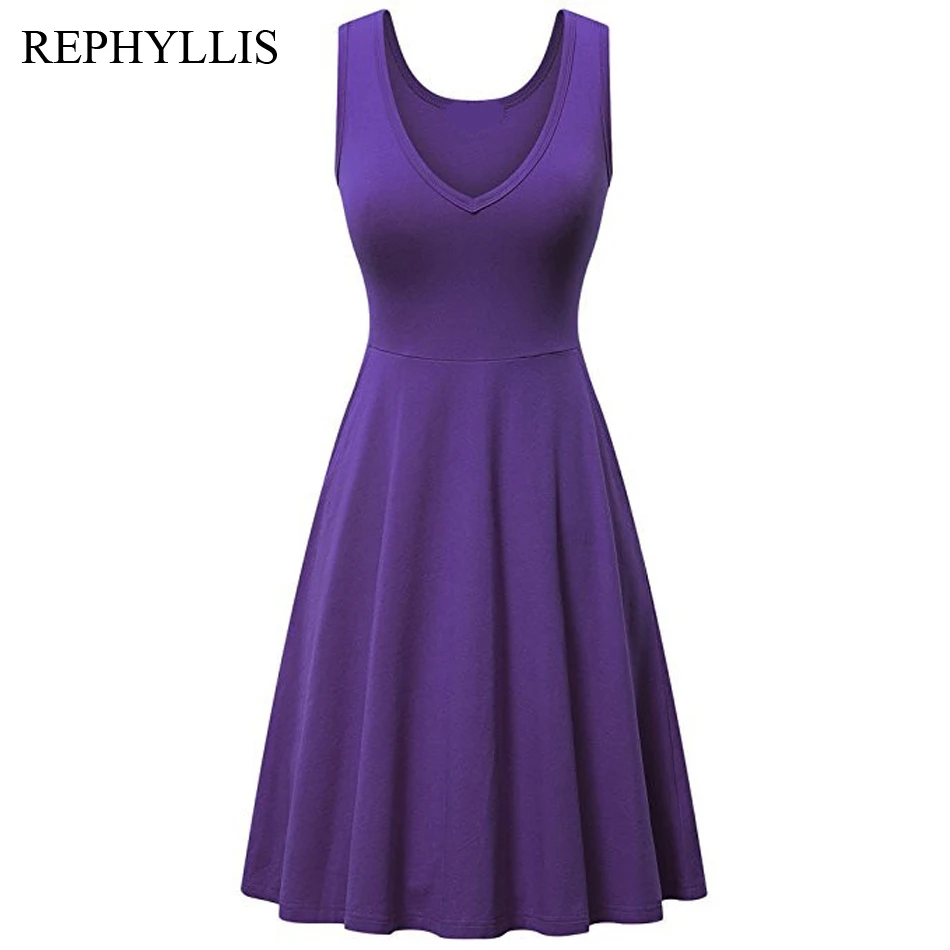 

REPHYLLIS Women V Neck Sexy Backless Sleeveless Casual Summer Basic Wear Holiday Beach Daily A Line Party Tank Dress
