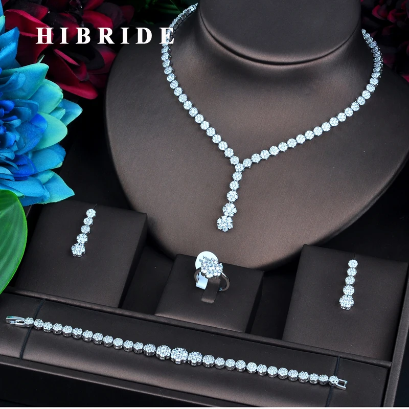 Комплект ювелирных изделий HIBRIDE, набор ювелирных изделий из AAA кубического циркония, женское ожерелье, серьги, кольцо, браслет, аксессуары дл...