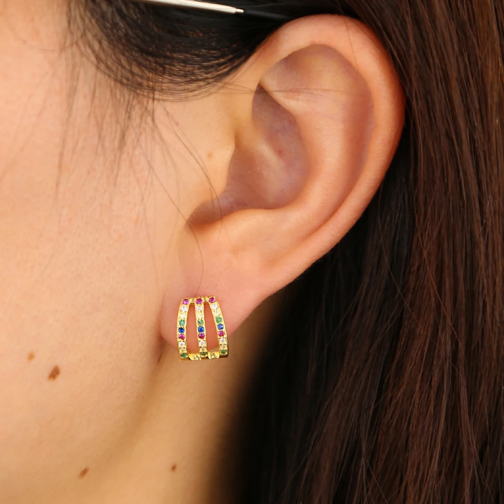 fine 925 sterling silver bright chic rainbow colorful geometric cz bar stud earring for women girl gift | Украшения и аксессуары