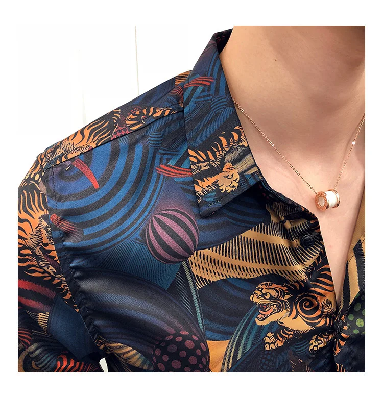 Мужская рубашка с принтом животных, Chemise HommeSlim Fit, рубашка с длинными рукавами, Camisa Masculina, синяя, для мужчин, для клуба, для выпускного,, весна