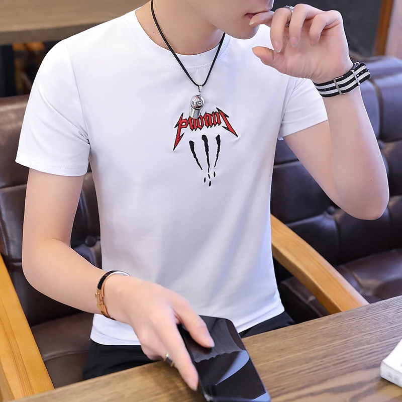 

2019 new summer men's short sleeve T - shirt white printed cotton fashion
