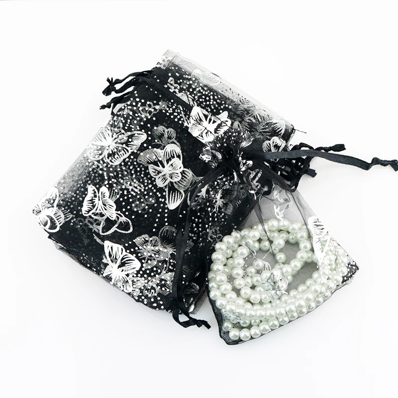 100 шт./лот 7x9 см черные сумки из органзы серебряные подарочные пакеты с принтом