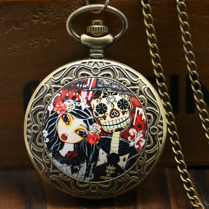 

YISUYA Corpse Bride Skull Quartz Pocket Watch Antique Bronze Steampunk Necklace Clock For Men Women Gift