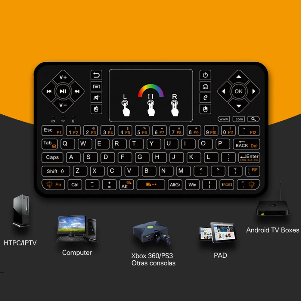 Цветная мини-клавиатура с подсветкой, 2,4 ГГц, беспроводная QWERTY клавиатура, воздушная мышь, Функция Smart Touchpad для компьютера, Android tv Box, HTPC