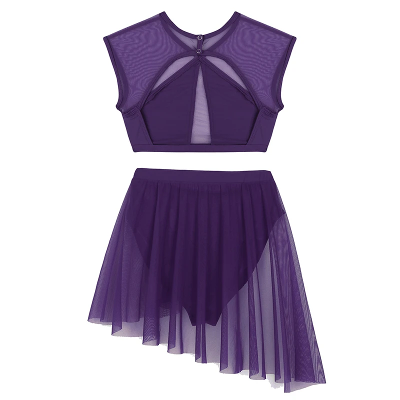 Fashion Women Two-piece Sports Dance Mesh Splice Crop Top with Ballet Gymnastics Shorts Skirt Stage Lyrical Dance Costumes Set