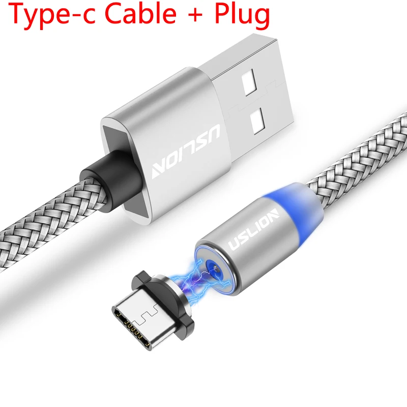 USLION светодиодный магнитный usb-кабель для samsung Xiaomi для iPhone X 8 7, магнитный штекер и кабель USB type C и кабель Micro usb для быстрой зарядки - Цвет: Type-c Cable silver