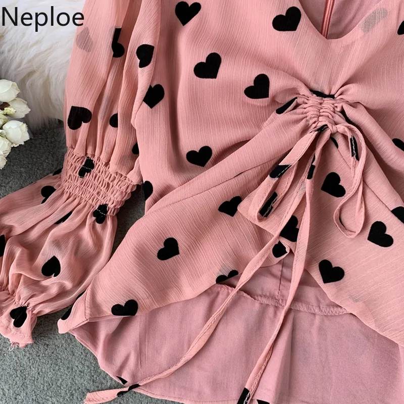 Neploe с принтом сердца для женщин блузка летняя Новинка 2019 v образным вырезом рукав