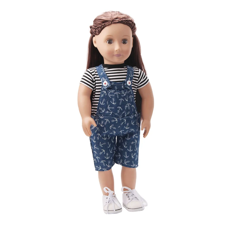 

Doll clothes Striped T-shirt with jeans overalls toy accessories fit 18 inch Girl doll and 43 cm baby doll c177