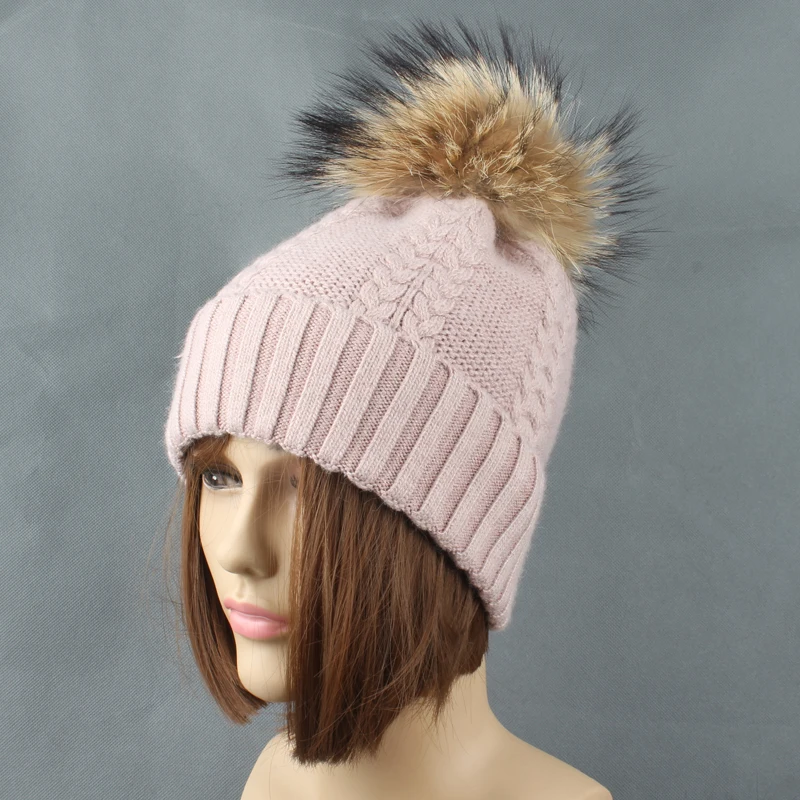 Зимние шапки из меха норки для женщин бини с помпоном кашемировые шерстяные
