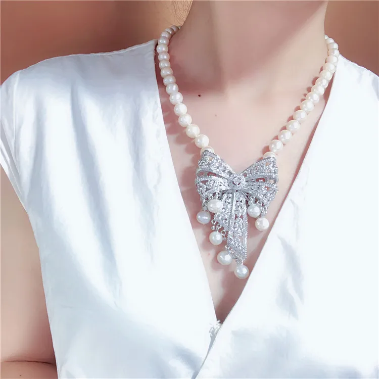Hand knotted 9-10mm white natural freshwater pearl bowknot micro inlay zircon necklace fashion jewelry | Украшения и аксессуары