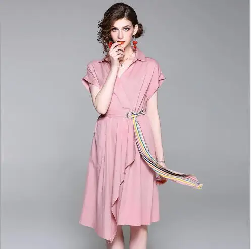 Women Dress 2018 New Summer Long Style Pleated Belt Female Outwear Fashion Casual Turn Down Collar Slim Fit Swing | Женская одежда