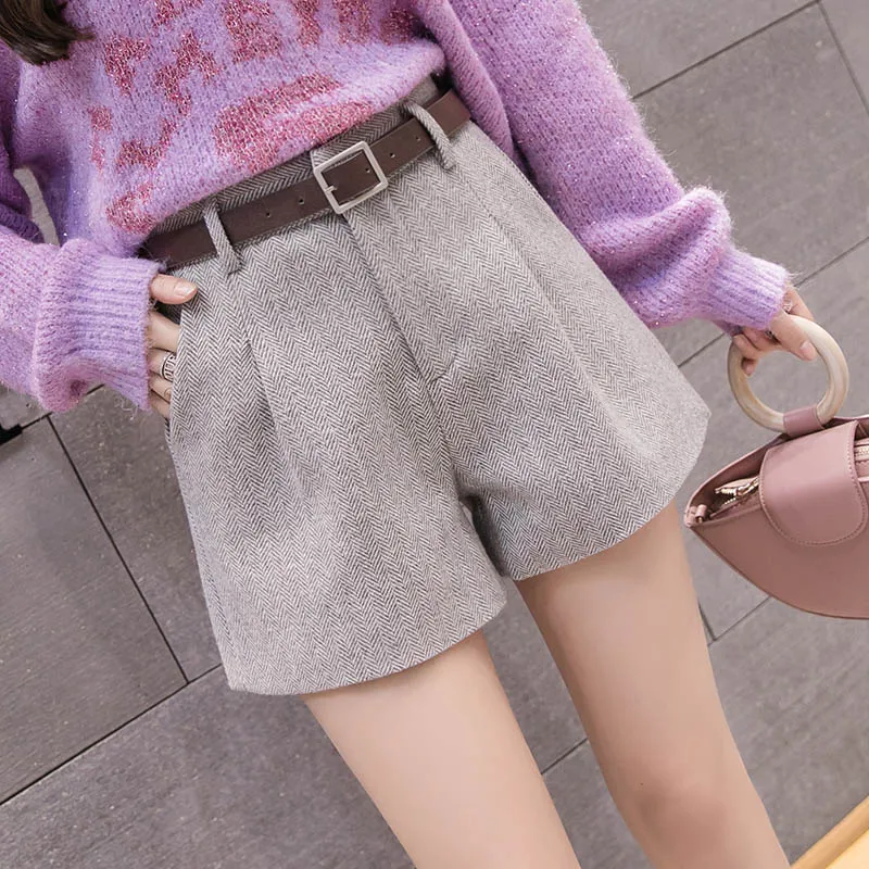 light gray shorts Женские шерстяные шорты, элегантные широкие шорты, Осень-зима, новая мода, высокая талия, повседневные шорты трапециевидной формы, свободный пояс - Цвет: light gray shorts
