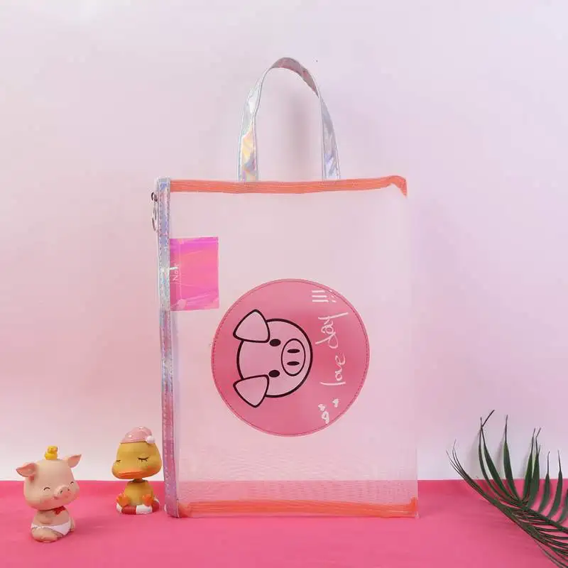 Милый прозрачный чехол-карандаш с лазерной Свинкой из мультфильма, косметичка, школьные офисные принадлежности, Сумка для документов, переносная папка на молнии