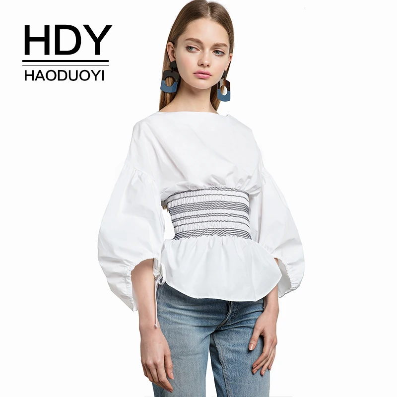 Женская блузка HDY Haoduoyi белая Повседневная рубашка с рукавом фонариком и вырезом