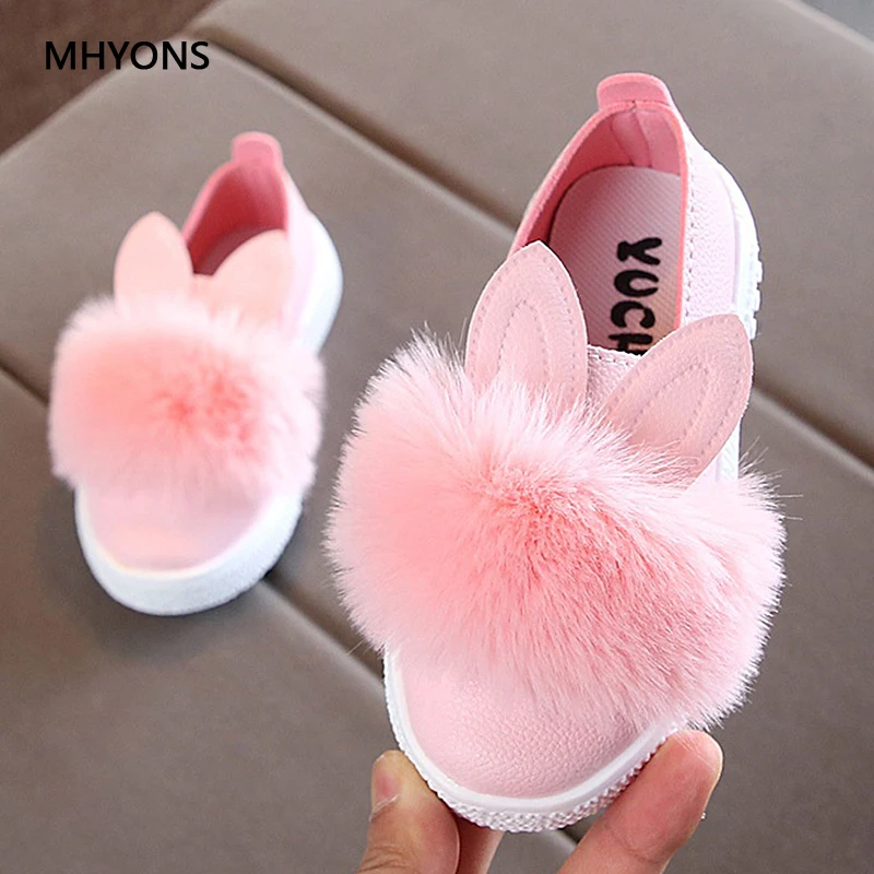MHYONS модные детские меховые туфли для девочек милый кролик мягкие Нескользящие