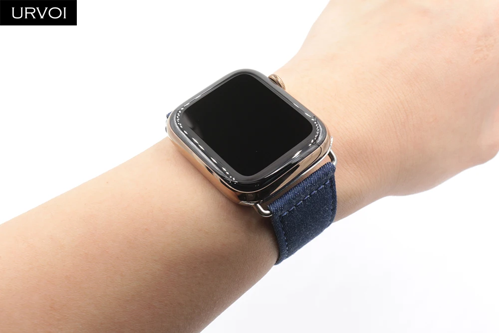 Ремешок URVOI для apple watch series 6/SE/5/4/3/2/1 кожаный браслет из синей джинсовой ткани iwatch