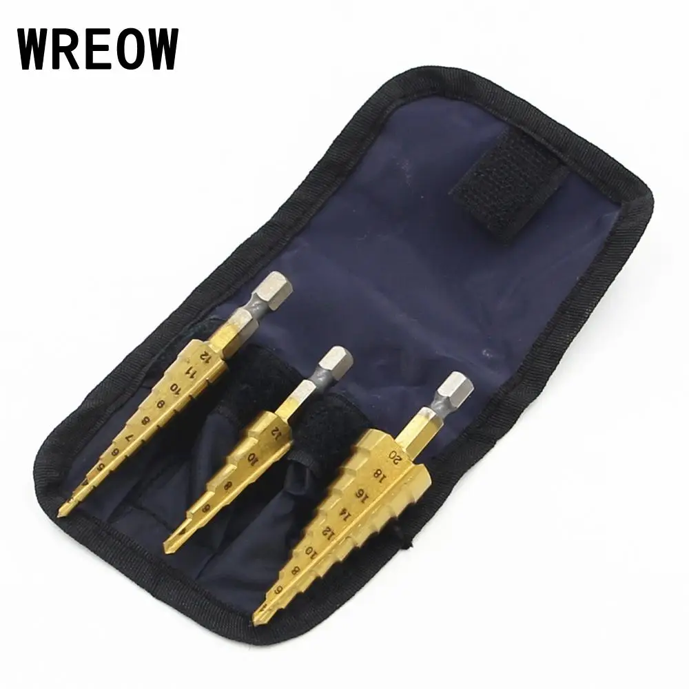3pcs/set HSS Step Drill Bit Set Titanium Hex Shank Cone Cutting Tools Multifunction Woodworking Wood Metal Drilling With Pouch |