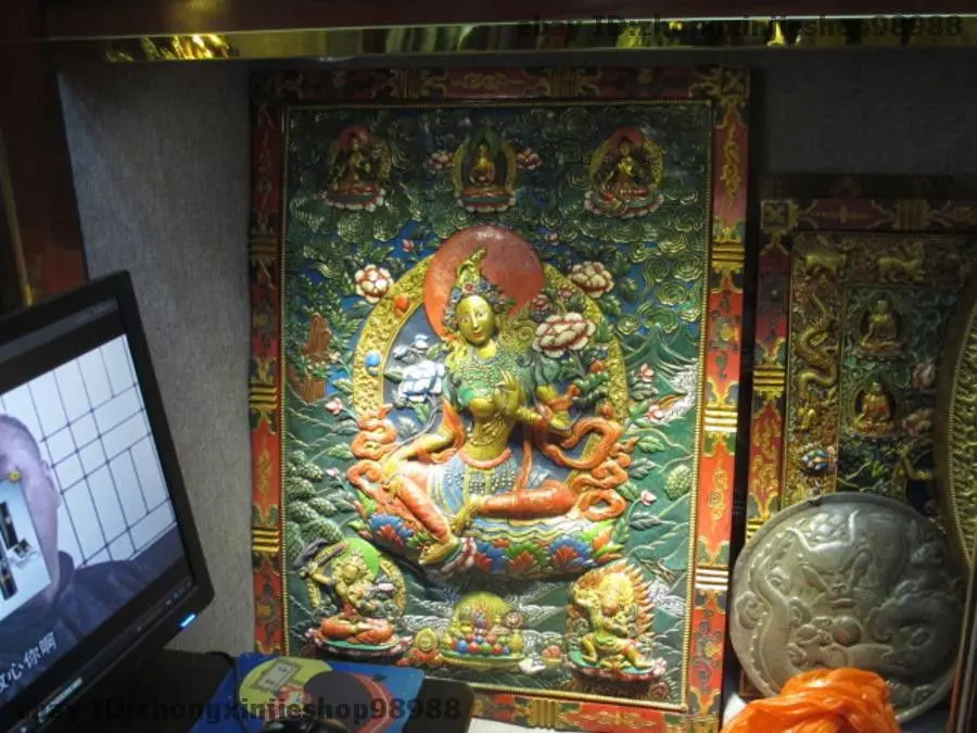 Бесплатная доставка Тибетский храм дерево резная окрашенная Зеленая Тара