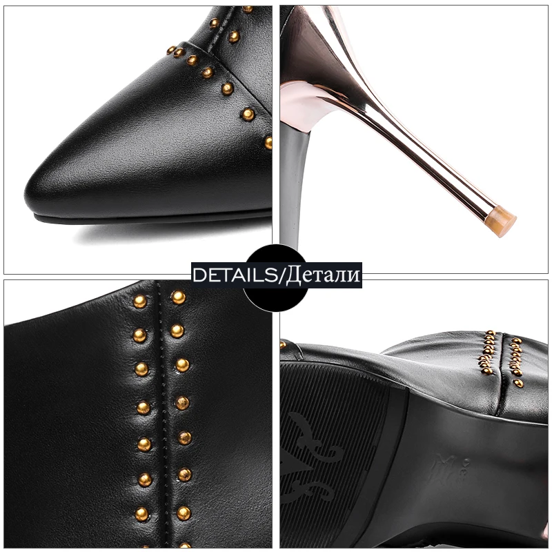 ISNOM Autumn Cow Leather Women Ankle Boots Stud Boot Pointed Toe Party Ladies Shoes High Heels Zip Black Footwear Big Size 32-45 | Обувь