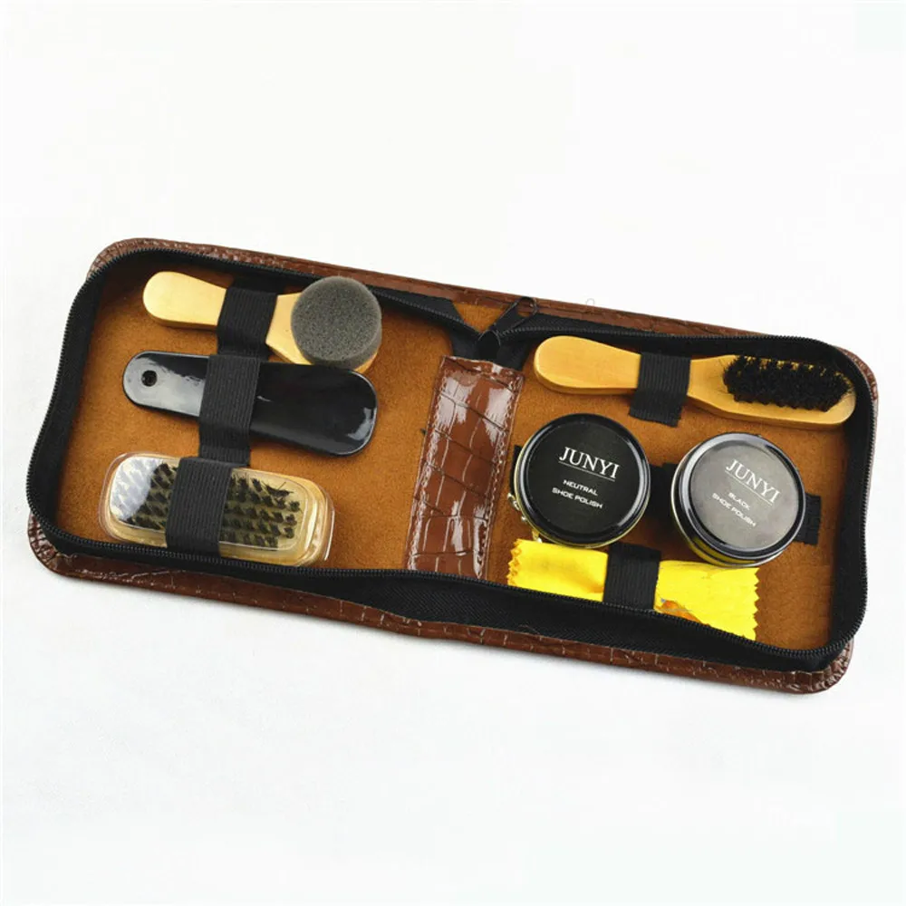 Кожаный чехол набор для ухода за обувью блестящий черный и нейтральный щетки