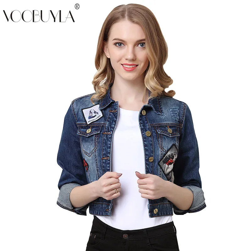 Voobuyla женские укороченные джинсы куртка синяя вышивка короткие джинсовые куртки