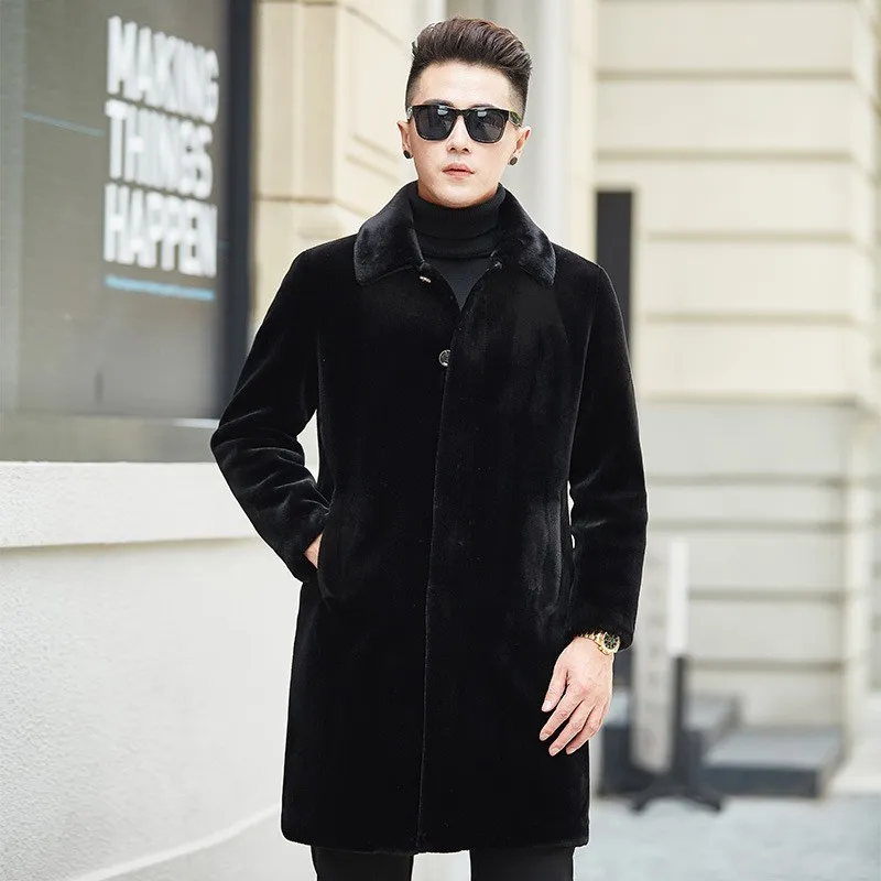 Мужская длинная куртка с воротником из искусственного меха черная однобортная