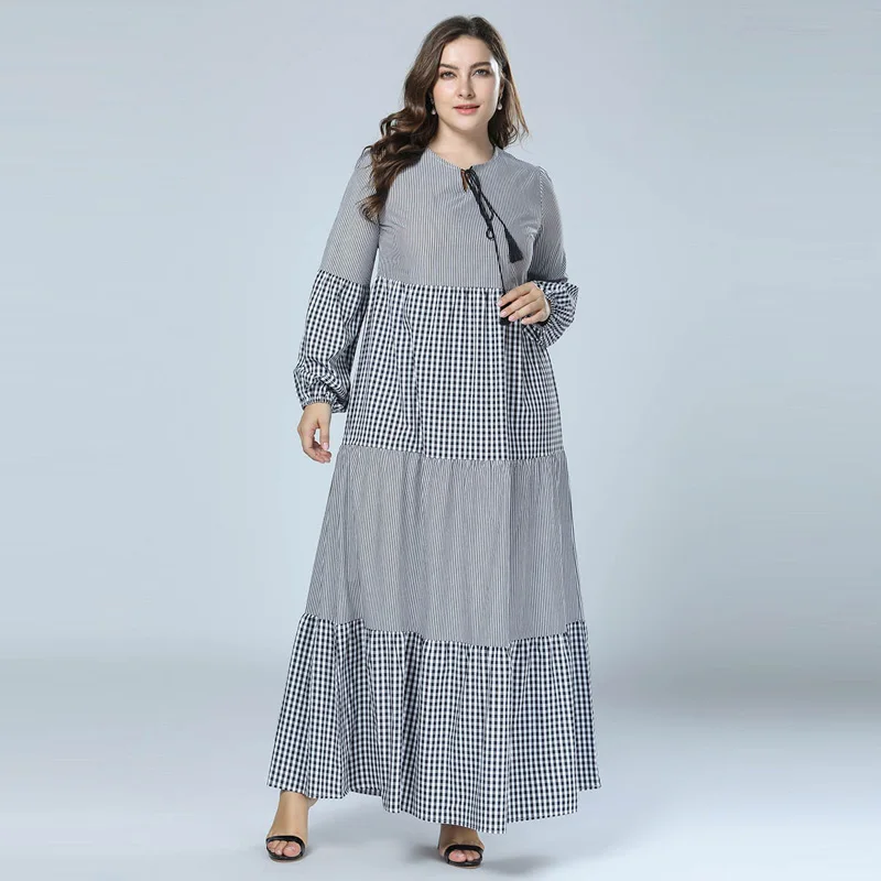 

2019 Women Plaid Patchwork Maxi Dress Long Lantern Sleeve Casual Muslim Abaya Kaftan islamic Dubai Abayas Gray 3XL 4XL