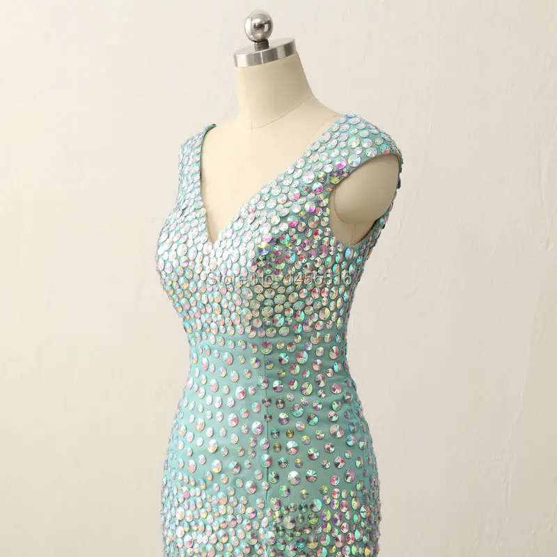 

Real Photos Mermaid Crystal Prom Dresses Floor Length Evening Gowns Glittering High Split v neck Cap sleeve