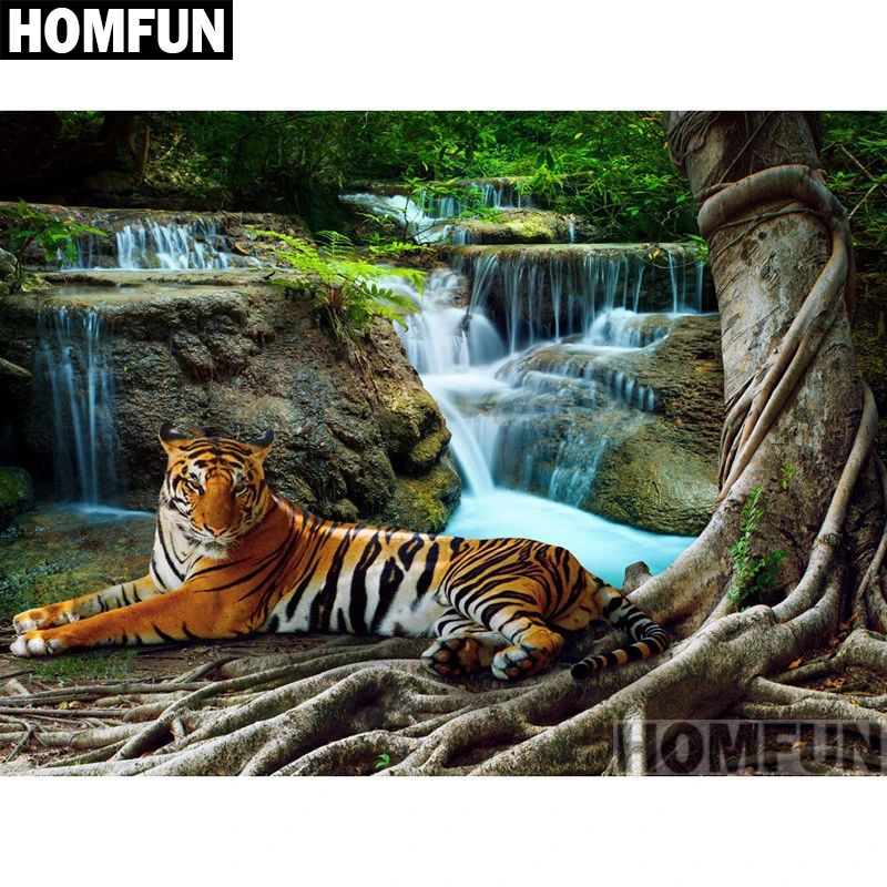 

HOMFUN Diamond Painting Full Square/Round Diamond "waterfall tiger"Pattern Embroidery Cross Stitch 5D Rhinestone Painting A01015