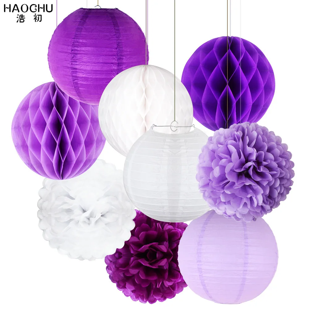Purple mix 9 шт./компл. бумаги с изображением цветов, куртка с помпонами бумажные соты шарики бумажные фонарики Висячие Декор для дня рождения, для вечеринки, свадьбы, дня рождения, украшение дома - Цвет: Purple mix