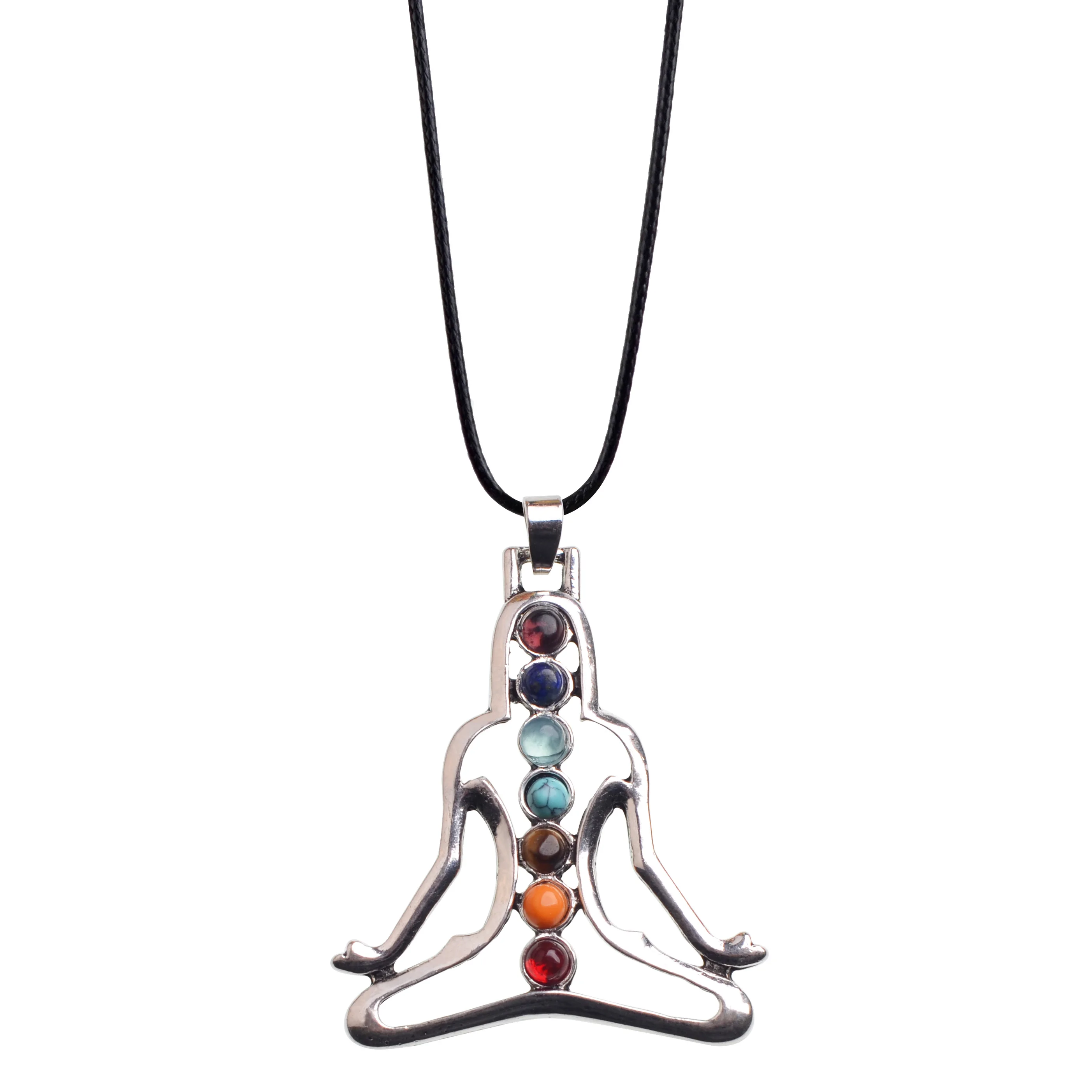 New Indian Meditation Seven Chakras with Natural Seven Gems Pendant Silver Handmade Pendant Necklace Humanoid Yoga Pendant