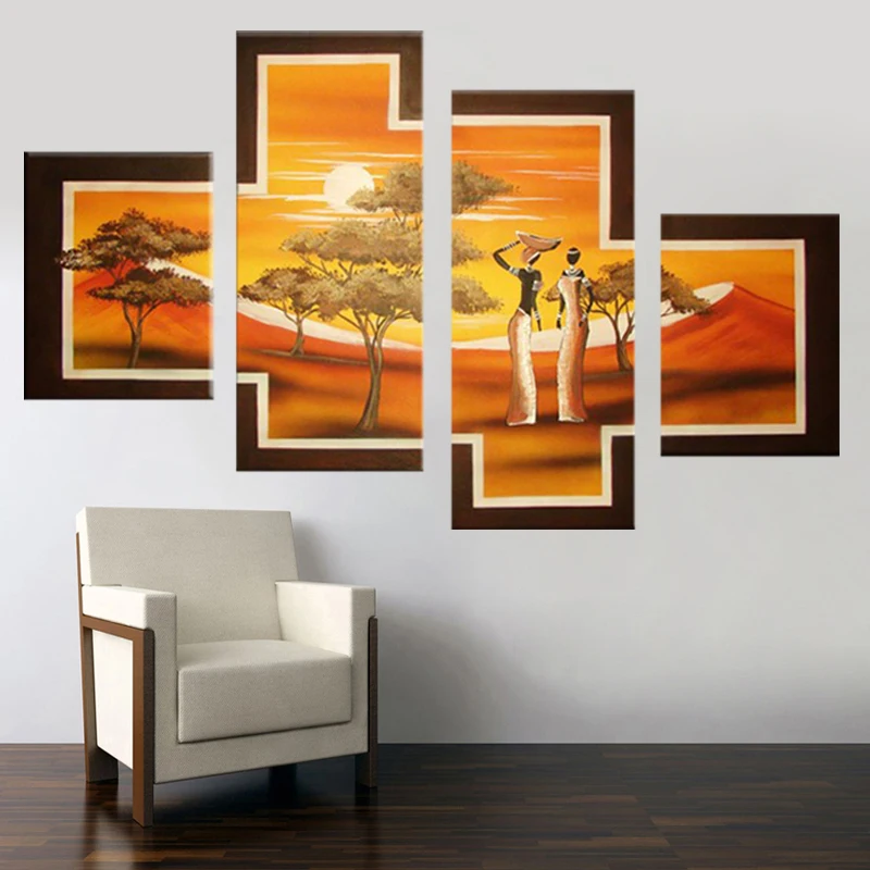 

Hand Painted Tree African People Tribal Life Modern Decor Landscape Oil Paintings On Canvas 4 Panel Group Home Wall Art Pictures