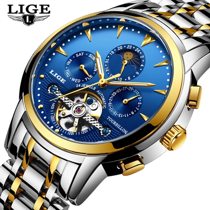 LIGE для мужчин часы Self-Wind Tourbillon механические водостойкий Автоматический Скелет