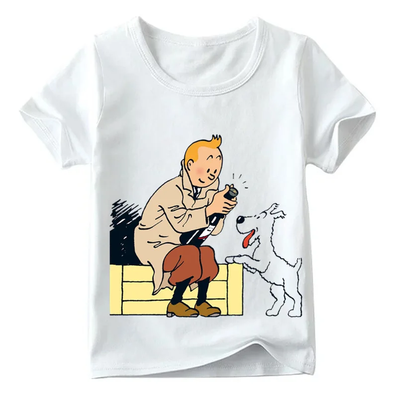 Детская забавная футболка с мультяшным принтом Tintin летние белые топы для