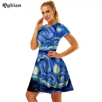 qybian summer dress women high waist 2018 casual short sleeve van gogh printed dress sexy slim elegant pleated dress female