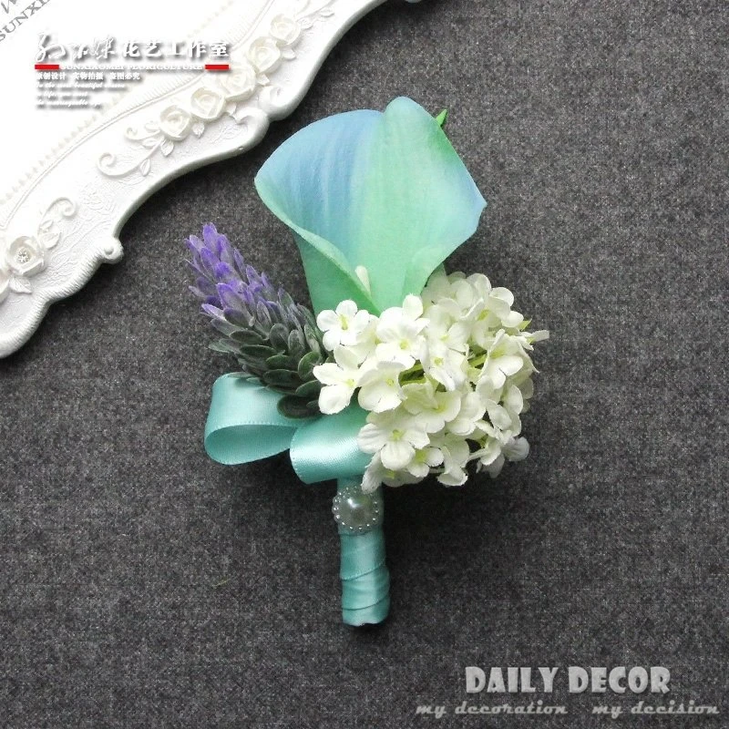 

blue Artificial Calla wedding bride / groom wedding corsage / boutonniere bridal wrist flowers Bridesmaid hand flower