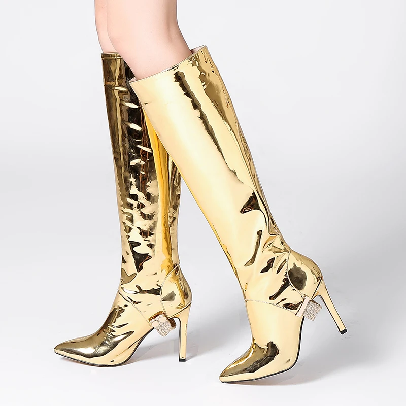 

WETKISS Mirror Pu Women Boots Zip Pointed Toe Footwear Sexy High Heels Female Boot Party Knee High Shoes Woman 2018 Winter New
