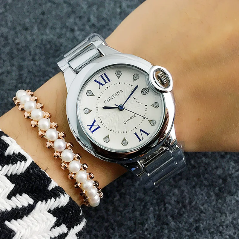 

Casual Calendar Ladies Watch Contena Luxury Business Quartz Women's Watches Blue Hands Simple Style Wristwatches Ceasuri Clock