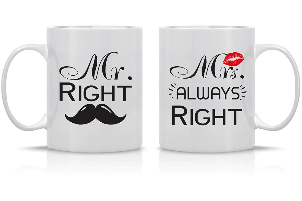 

Coffee Mug Mr. Right Mrs. Always Right Wedding Gift for Couple Funny Engagement Gifts Anniversary Present 11oz Ceramic Set 2pcs