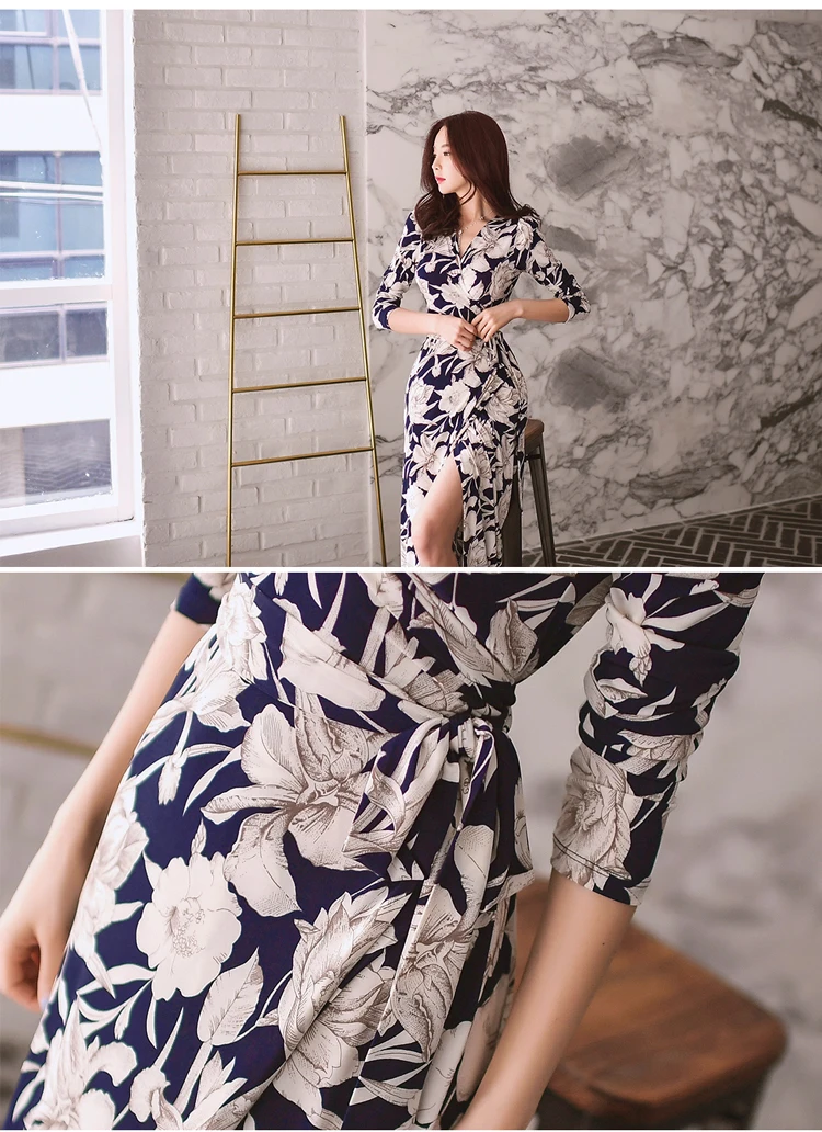 free shipping women summer floral dress v-neck high slit beted sexy dress bohemian style maxi dress ladies slim dress s-xl