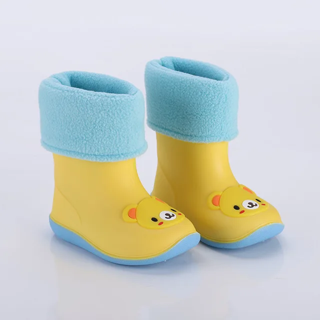 Yellow bear cotton Новые осенние зимние детские резиновые сапоги теплые хлопковые резиновые сапоги детские Нескользящие водонепроницаемые сапоги для маленьких мальчиков и девочек - Цвет: Yellow bear cotton