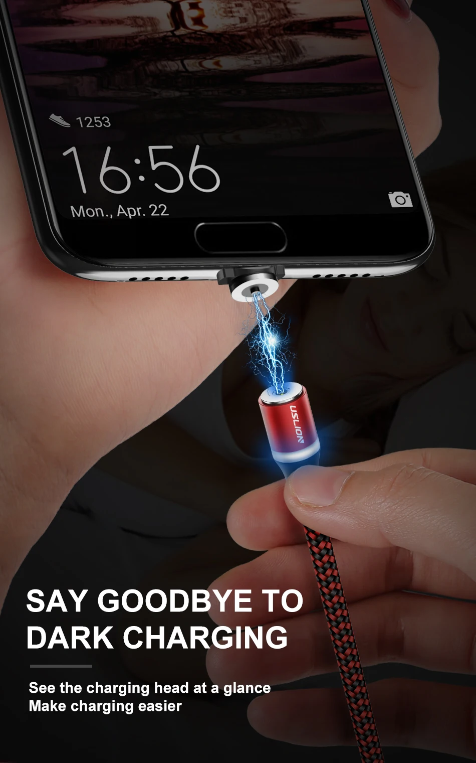 Магнитный светодиодный кабель USLION, нейлоновый кабель Micro usb type C, зарядное устройство для Iphone 7 X, samsung S10, huawei, Xiaomi, USB-C, магнитный шнур type-C