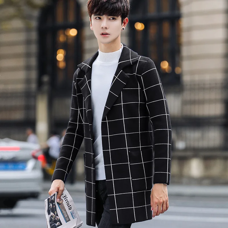 

The autumn winter New Wool Plaid Jacket loose men long woolen coat casual coat